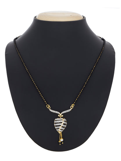 Aadita Daily Wear Gold-Toned Black Bead Mangalsutra with AD Leaf Pendant and Pearl Drop