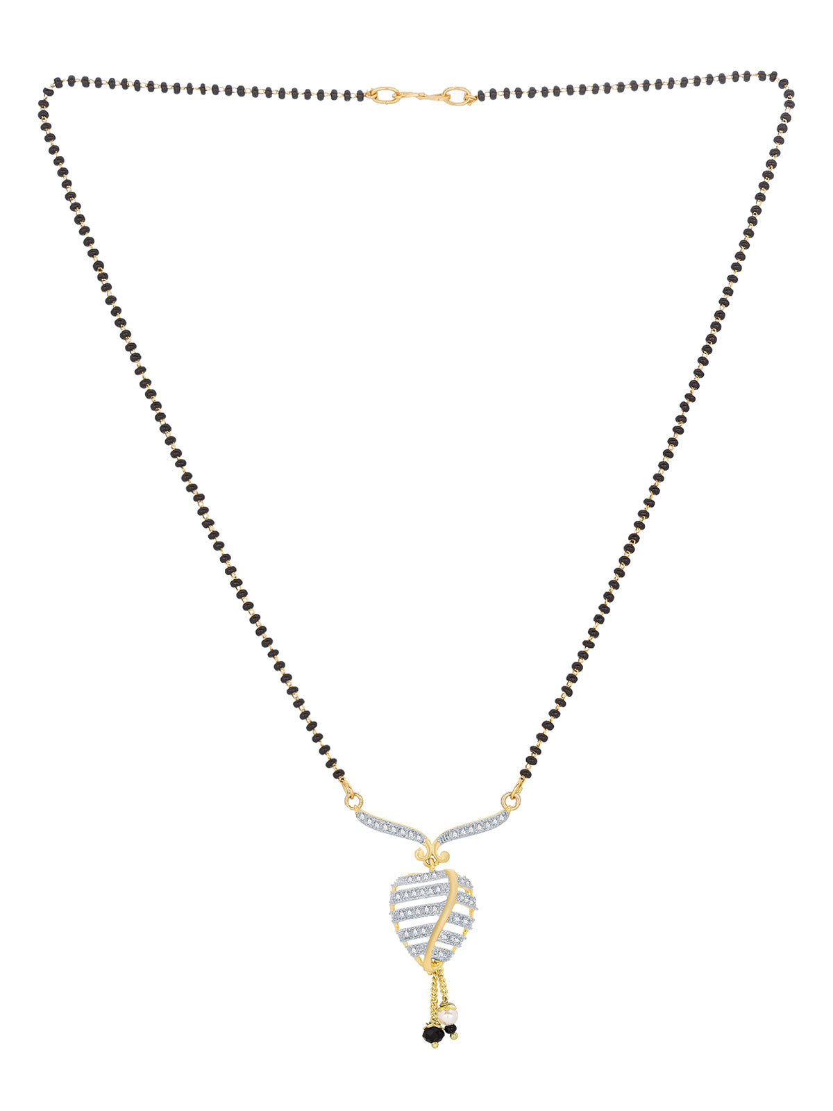 Aadita Daily Wear Gold-Toned Black Bead Mangalsutra with AD Leaf Pendant and Pearl Drop