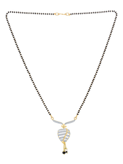 Aadita Daily Wear Gold-Toned Black Bead Mangalsutra with AD Leaf Pendant and Pearl Drop