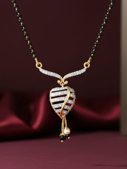 Aadita Daily Wear Gold-Toned Black Bead Mangalsutra with AD Leaf Pendant and Pearl Drop