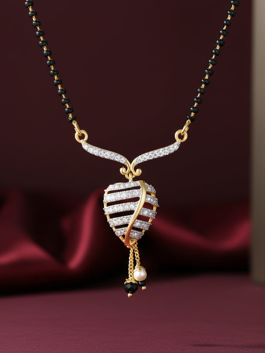 Aadita Daily Wear Gold-Toned Black Bead Mangalsutra with AD Leaf Pendant and Pearl Drop