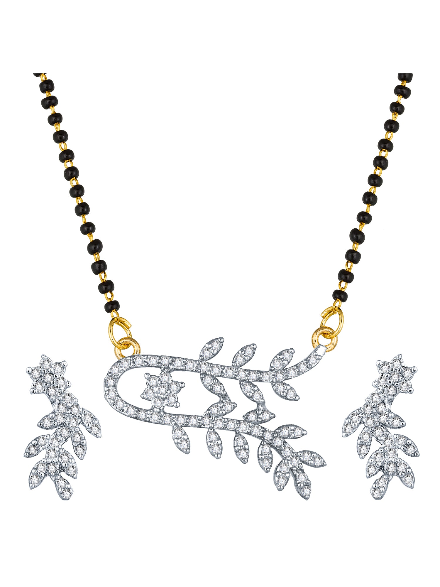 Aadita Silver-Toned Floral Vine Mangalsutra Set with Black Beads Chain and Matching Earrings