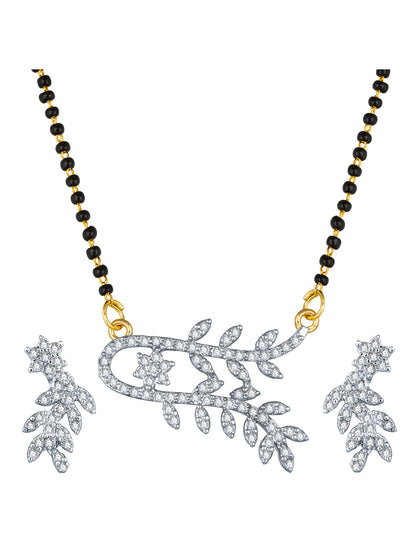 Aadita Silver-Toned Floral Vine Mangalsutra Set with Black Beads Chain and Matching Earrings