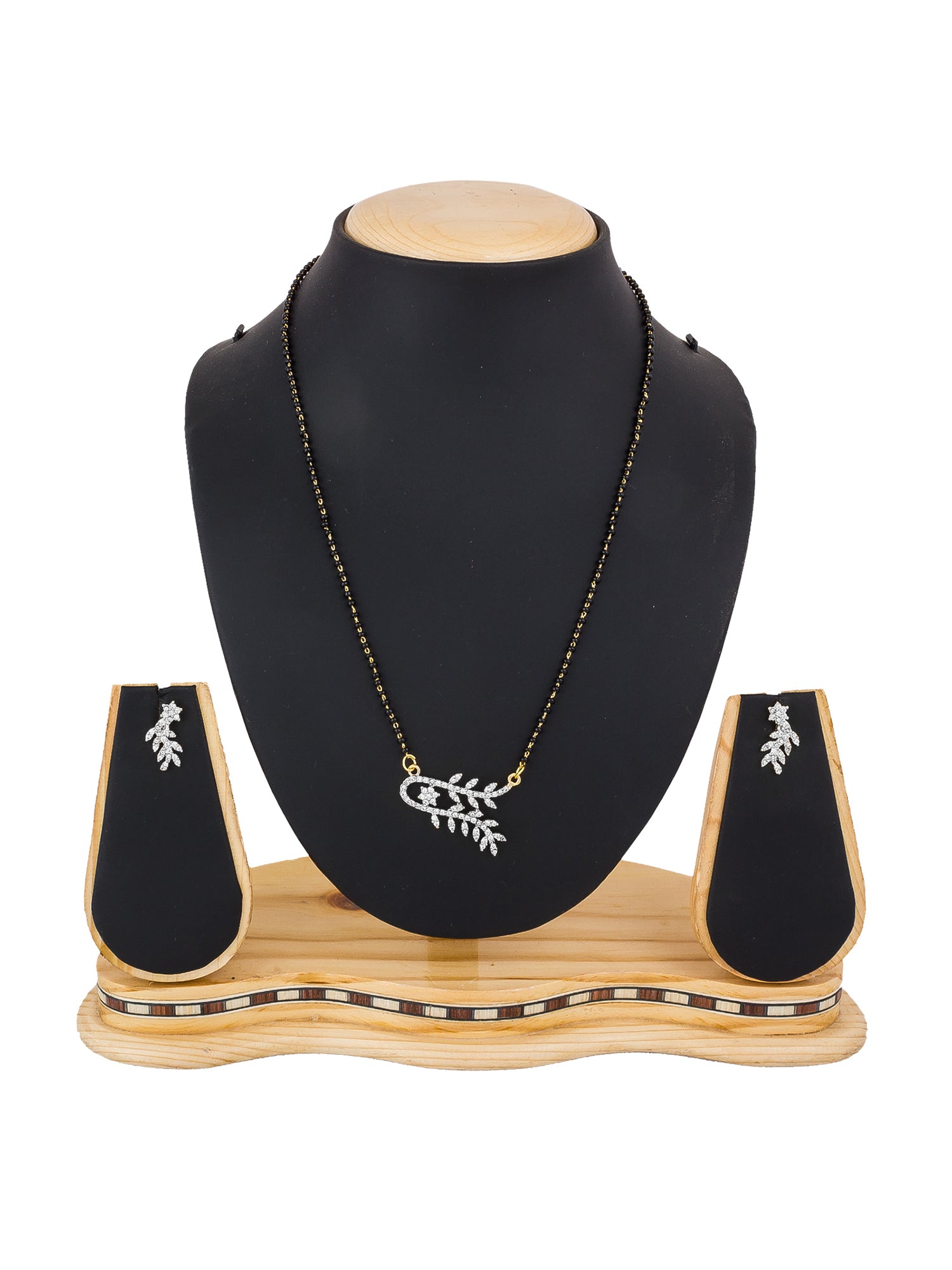 Aadita Silver-Toned Floral Vine Mangalsutra Set with Black Beads Chain and Matching Earrings