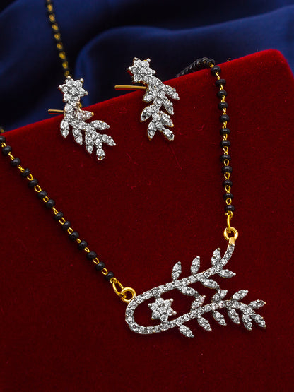 Aadita Silver-Toned Floral Vine Mangalsutra Set with Black Beads Chain and Matching Earrings