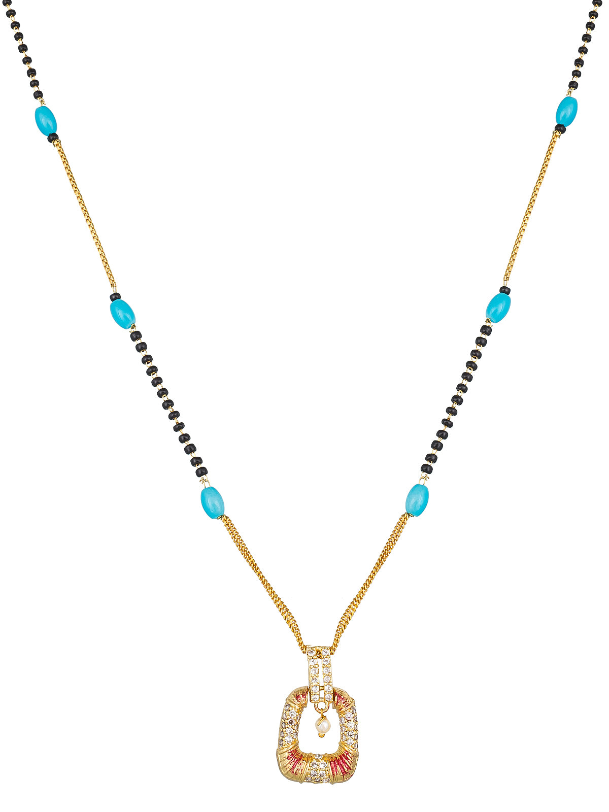 Aadita Festive Gold-Toned Mangalsutra with Turquoise Beads, Stone Pendant and Pearl Drop