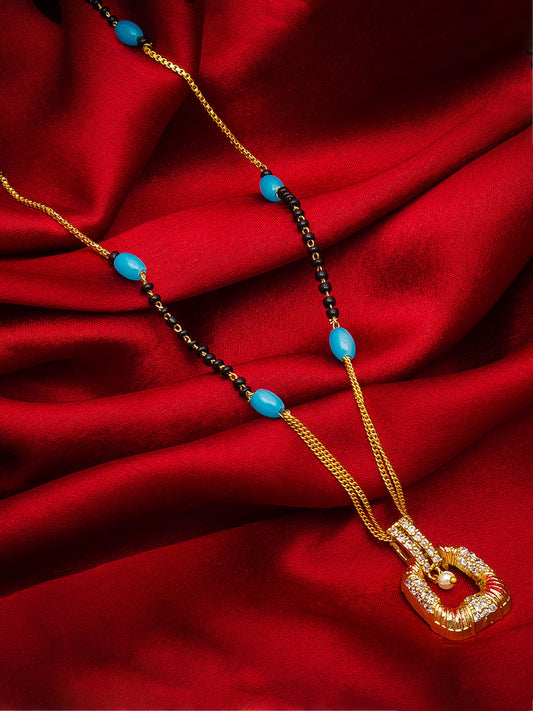 Aadita Festive Gold-Toned Mangalsutra with Turquoise Beads, Stone Pendant and Pearl Drop
