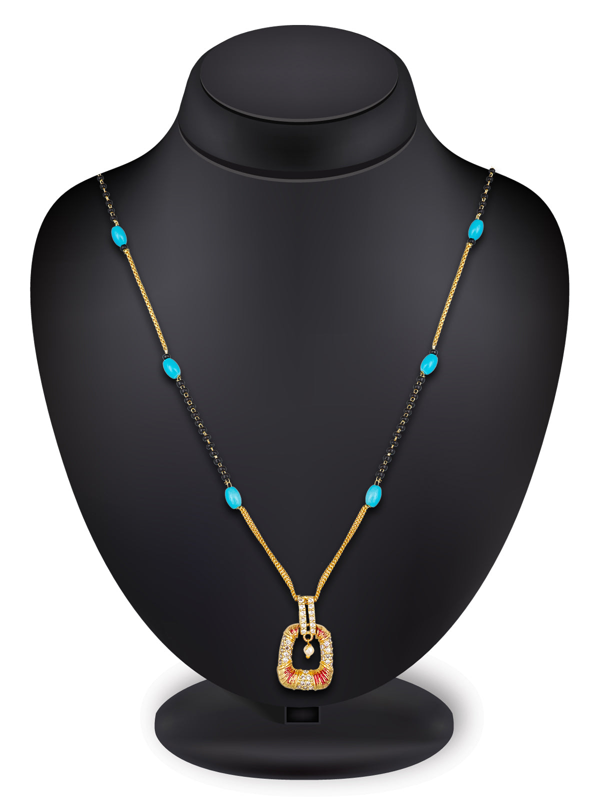 Aadita Festive Gold-Toned Mangalsutra with Turquoise Beads, Stone Pendant and Pearl Drop