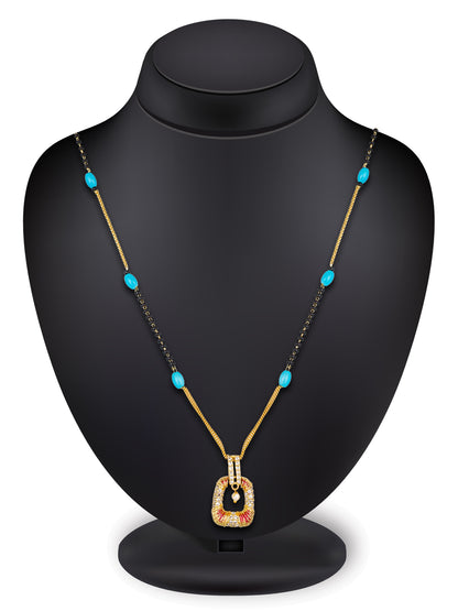 Aadita Festive Gold-Toned Mangalsutra with Turquoise Beads, Stone Pendant and Pearl Drop