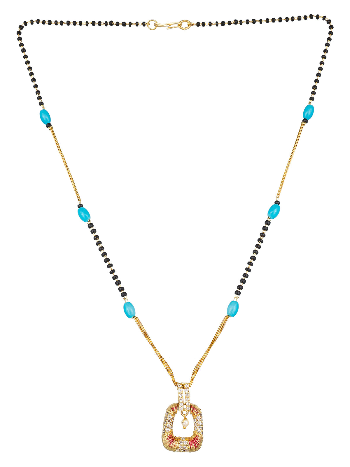 Aadita Festive Gold-Toned Mangalsutra with Turquoise Beads, Stone Pendant and Pearl Drop