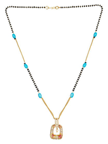 Aadita Festive Gold-Toned Mangalsutra with Turquoise Beads, Stone Pendant and Pearl Drop