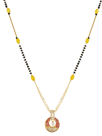 Aadita Daily Wear Gold-Toned Mangalsutra with Yellow Beads, Enamel AD Pendant and Pearl Drop