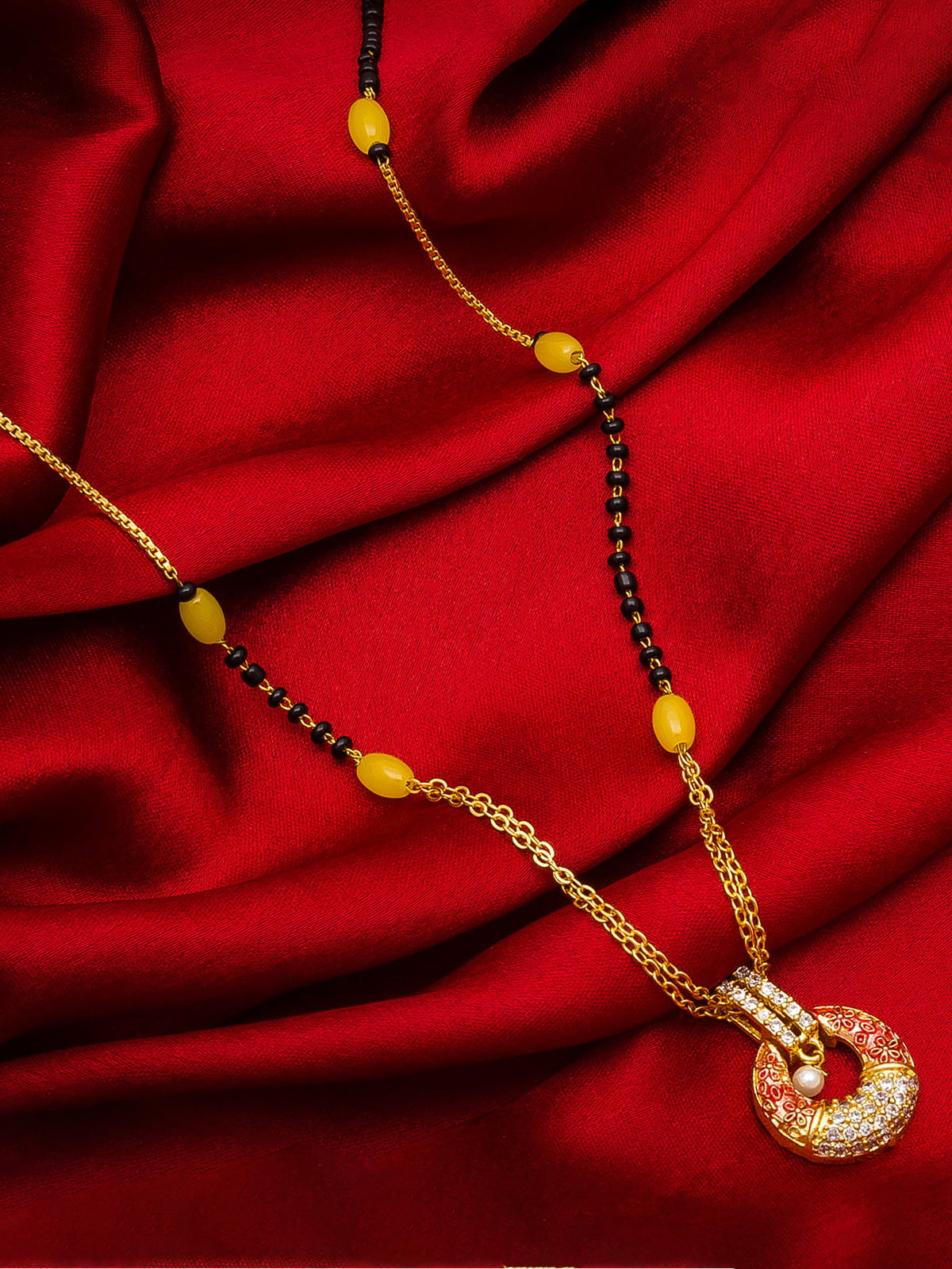 Aadita Daily Wear Gold-Toned Mangalsutra with Yellow Beads, Enamel AD Pendant and Pearl Drop