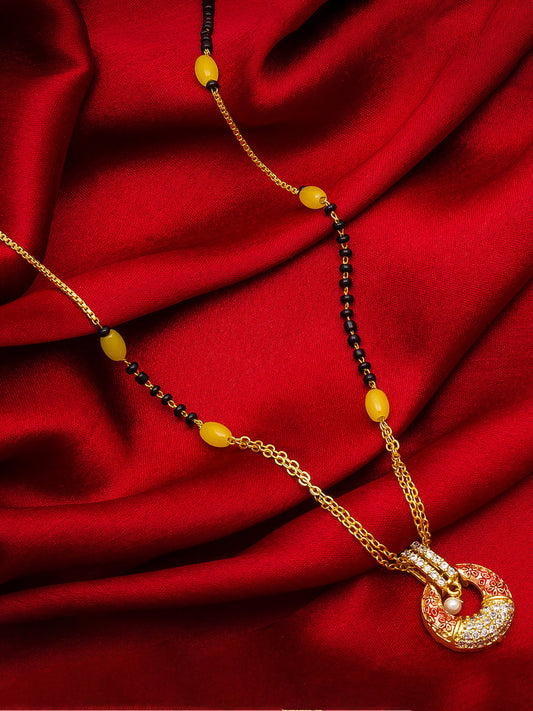 Aadita Daily Wear Gold-Toned Mangalsutra with Yellow Beads, Enamel AD Pendant and Pearl Drop