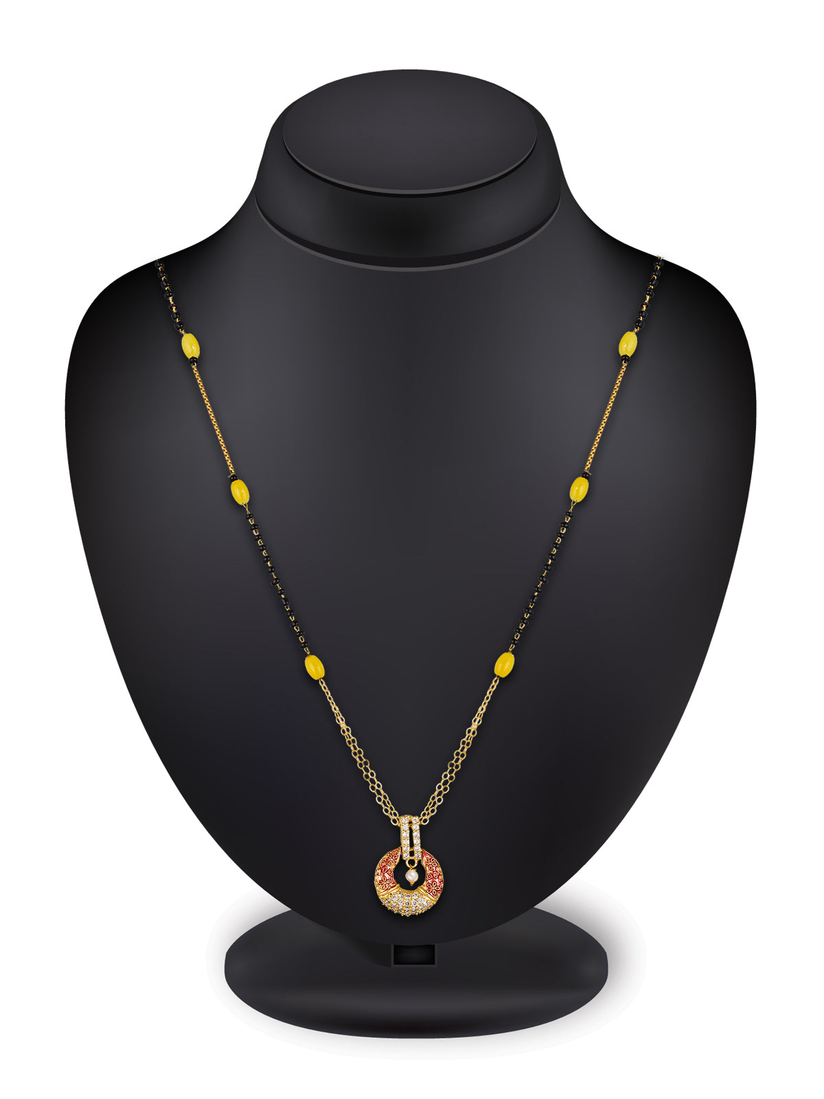 Aadita Daily Wear Gold-Toned Mangalsutra with Yellow Beads, Enamel AD Pendant and Pearl Drop