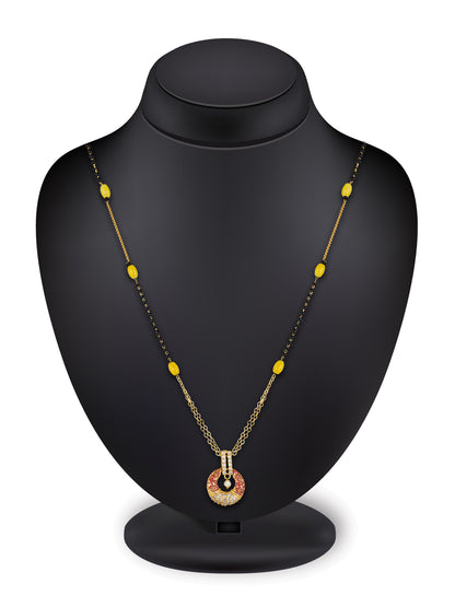 Aadita Daily Wear Gold-Toned Mangalsutra with Yellow Beads, Enamel AD Pendant and Pearl Drop