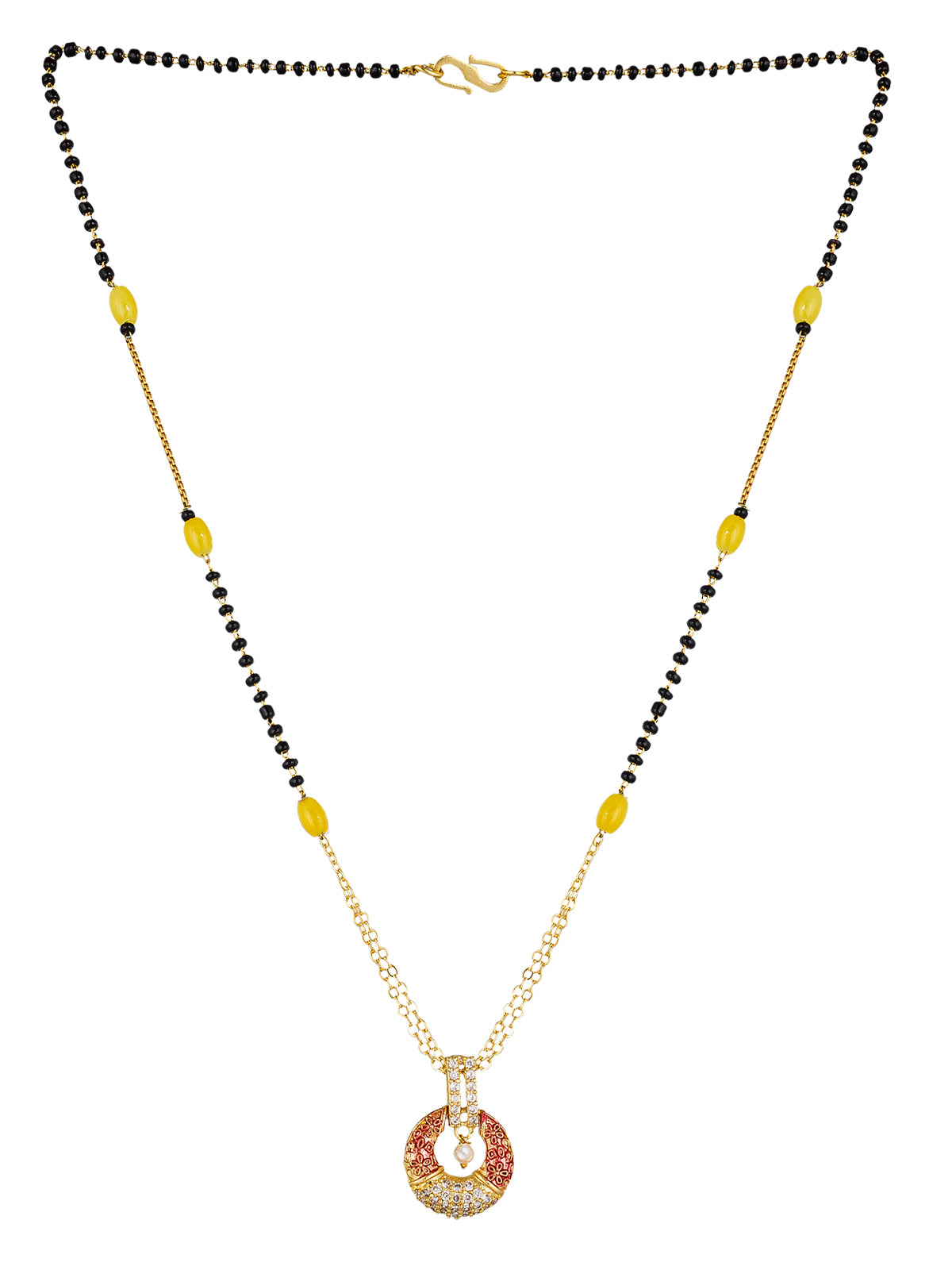 Aadita Daily Wear Gold-Toned Mangalsutra with Yellow Beads, Enamel AD Pendant and Pearl Drop