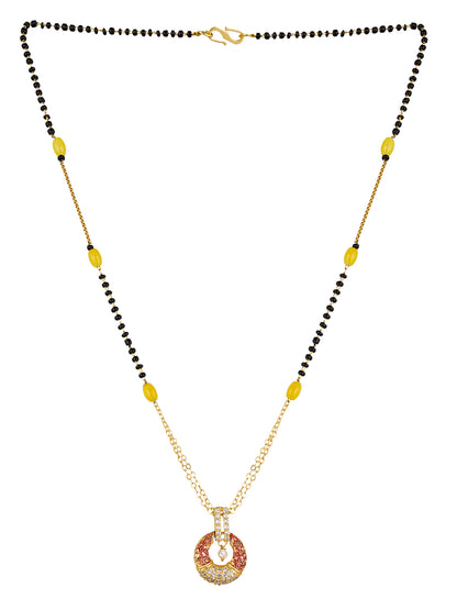 Aadita Daily Wear Gold-Toned Mangalsutra with Yellow Beads, Enamel AD Pendant and Pearl Drop