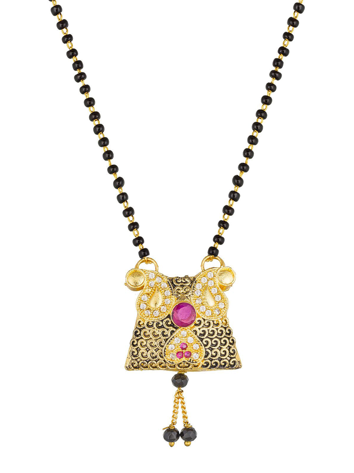 Aadita Festive Gold-Toned Oxidized Black Bead Mangalsutra with AD Centre Pendant