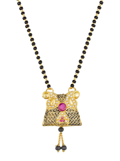 Aadita Festive Gold-Toned Oxidized Black Bead Mangalsutra with AD Centre Pendant