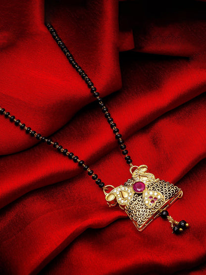 Aadita Festive Gold-Toned Oxidized Black Bead Mangalsutra with AD Centre Pendant