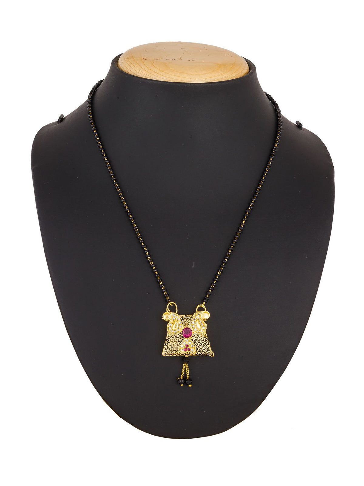 Aadita Festive Gold-Toned Oxidized Black Bead Mangalsutra with AD Centre Pendant