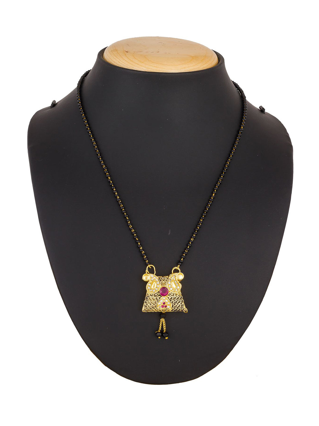 Gold-Toned Oxidized Black Bead Mangalsutra with AD Centre Pendant