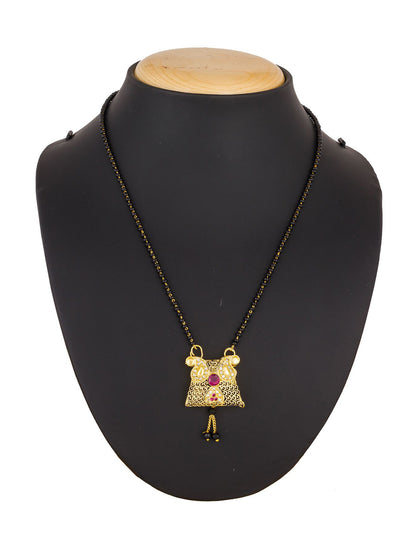 Aadita Festive Gold-Toned Oxidized Black Bead Mangalsutra with AD Centre Pendant