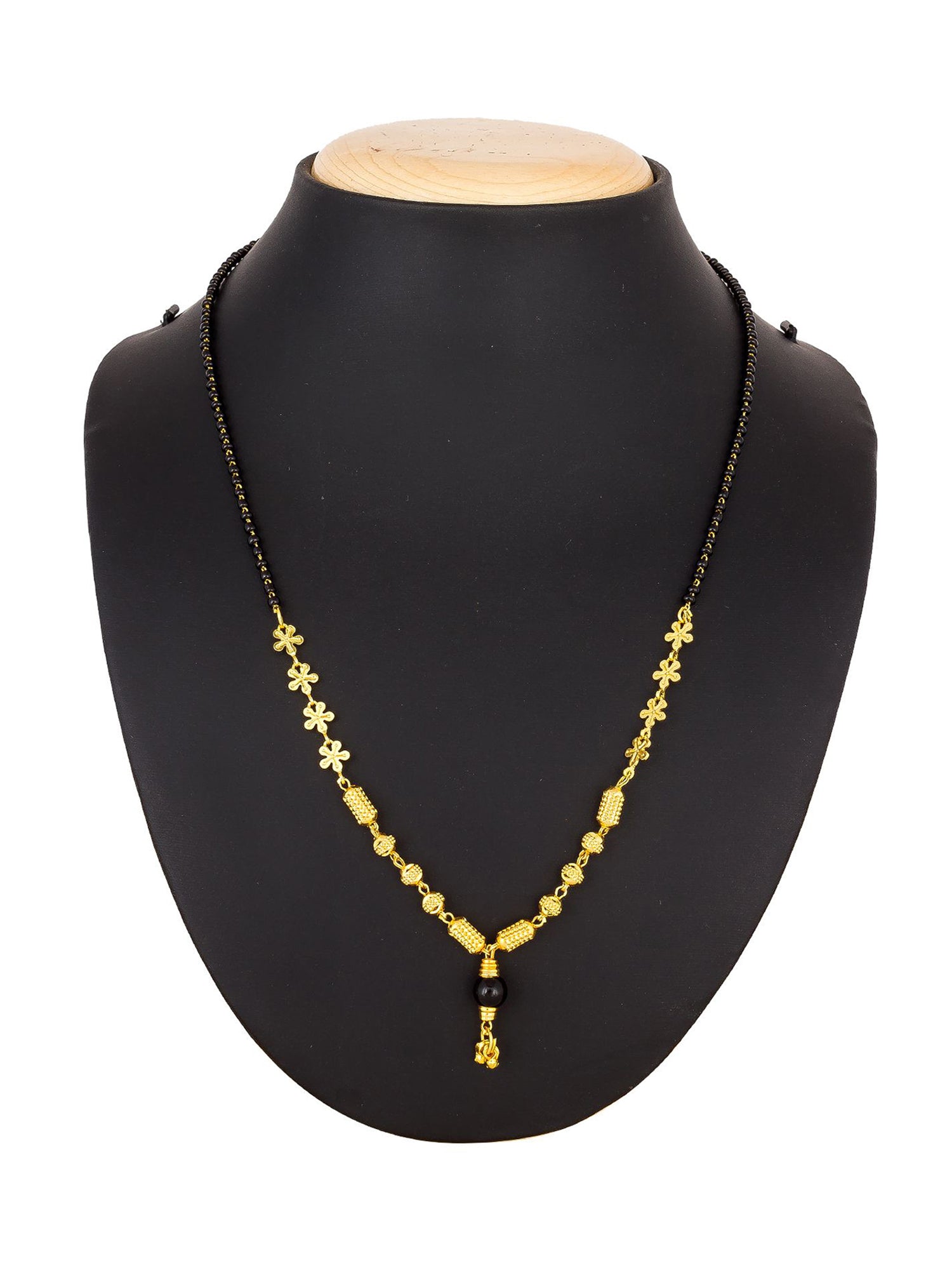 Aadita Gold-Toned Traditional Mangalsutra with Black Beads, Floral and Textured Barrel Pendants for Daily Wear