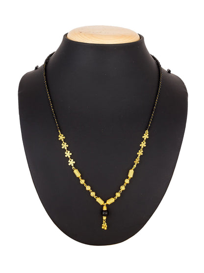 Aadita Gold-Toned Traditional Mangalsutra with Black Beads, Floral and Textured Barrel Pendants for Daily Wear