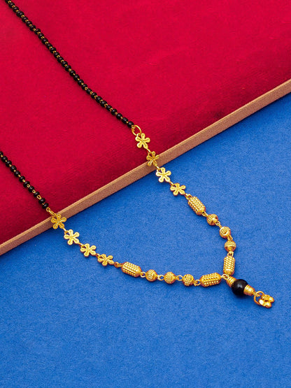 Aadita Gold-Toned Traditional Mangalsutra with Black Beads, Floral and Textured Barrel Pendants for Daily Wear