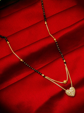 Aadita Daily Wear Gold-Toned Heart Pendant Mangalsutra with Black Beads and Dual Box Chain