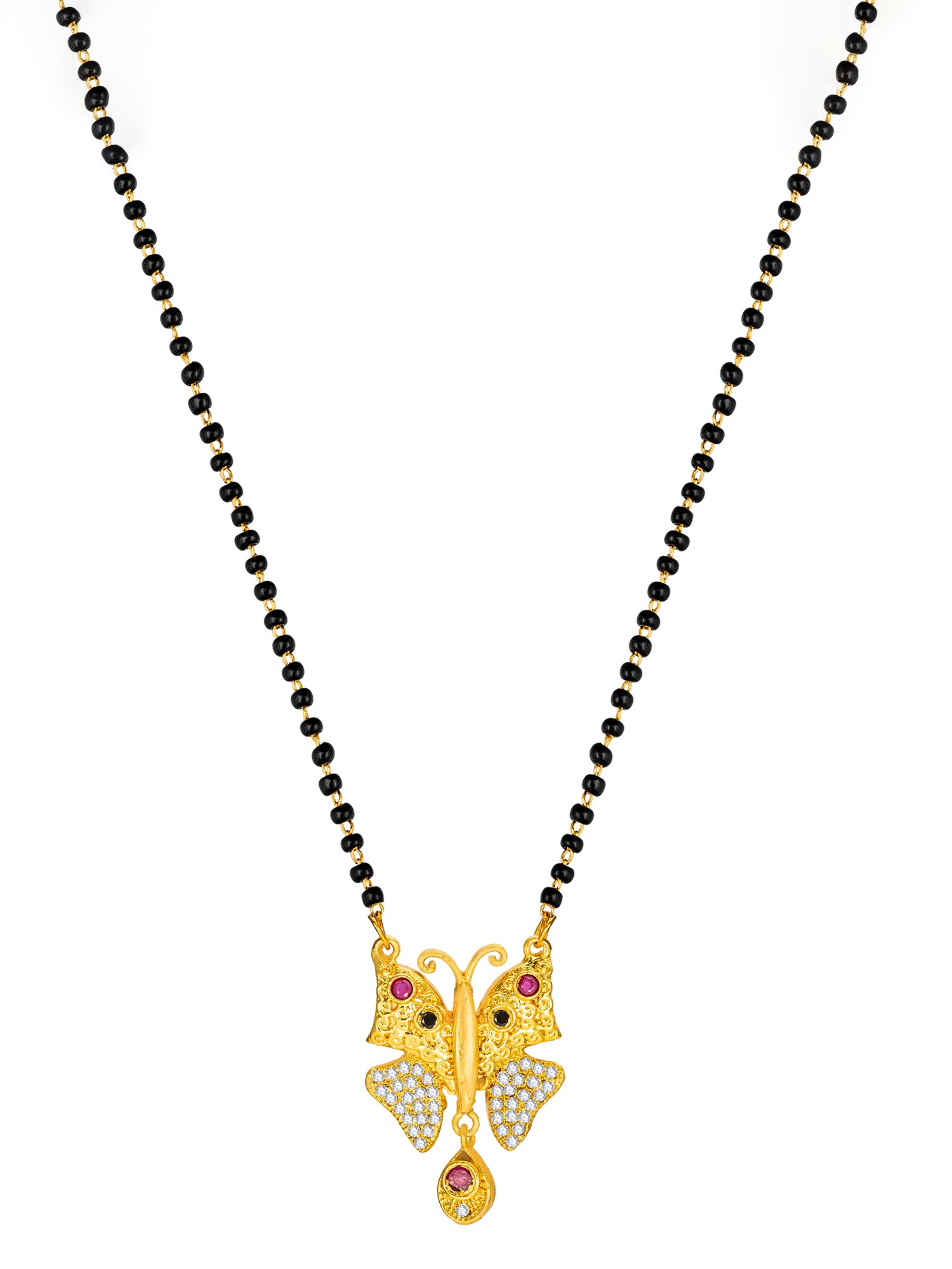 Aadita Gold-Toned Butterfly Pendant Mangalsutra with Multi-Stone and Black Beads Chain For Special Occasion