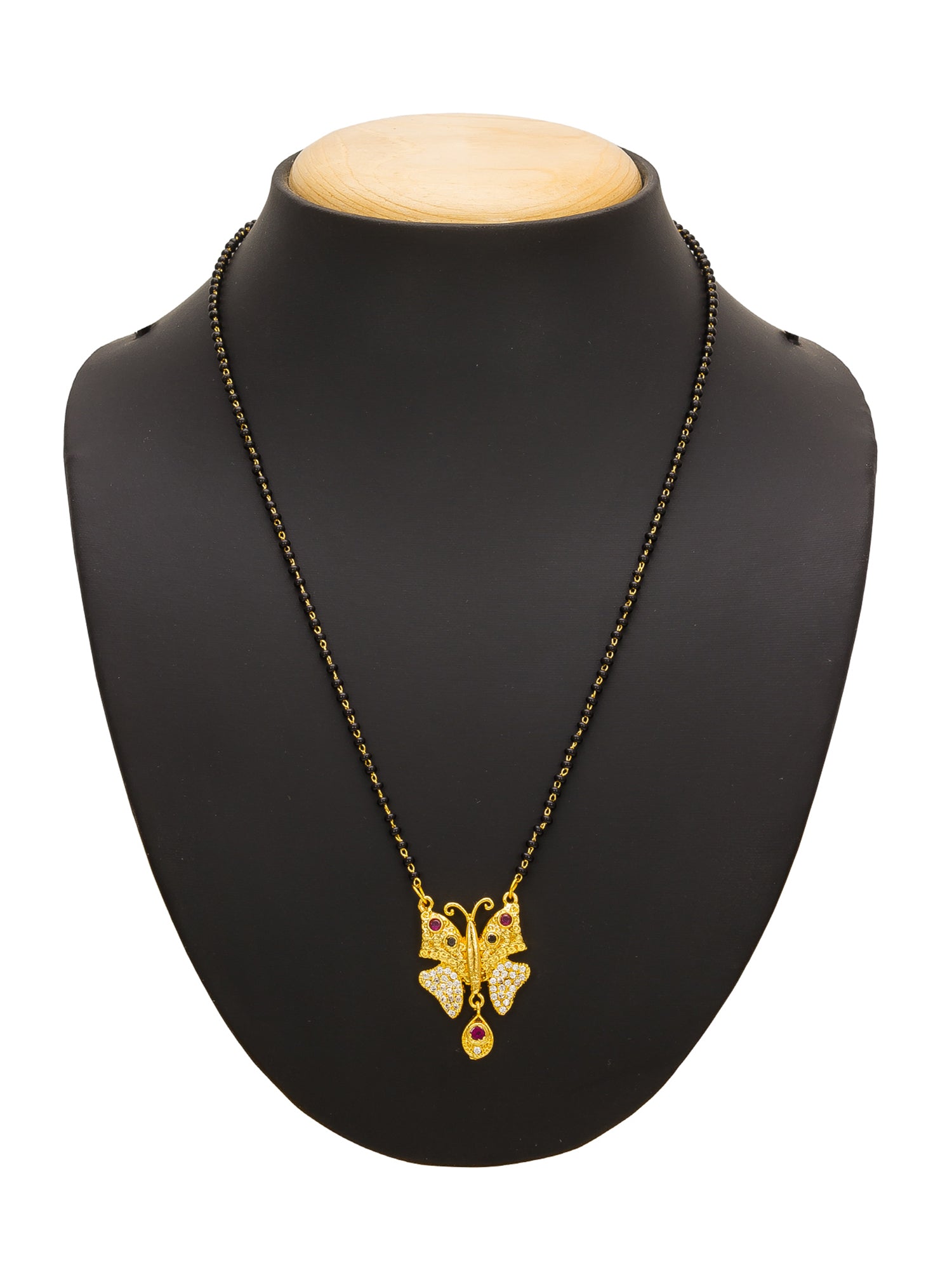 Aadita Gold-Toned Butterfly Pendant Mangalsutra with Multi-Stone and Black Beads Chain For Special Occasion