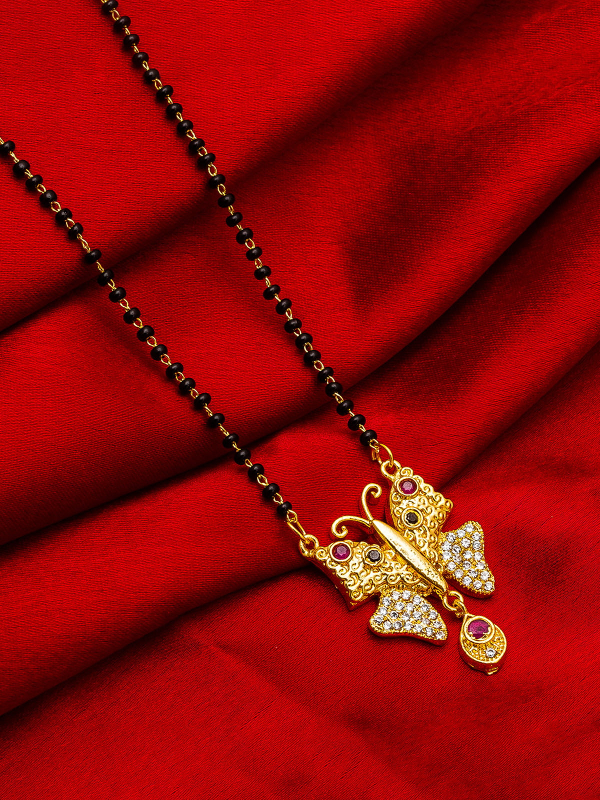 Aadita Gold-Toned Butterfly Pendant Mangalsutra with Multi-Stone and Black Beads Chain For Special Occasion
