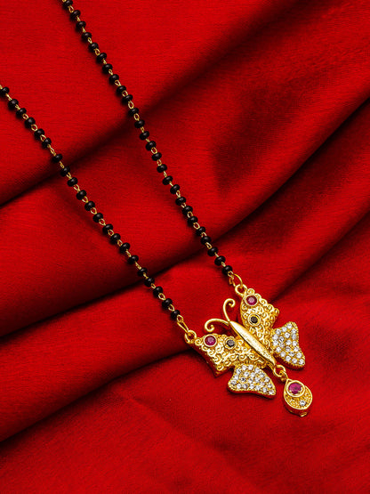 Aadita Gold-Toned Butterfly Pendant Mangalsutra with Multi-Stone and Black Beads Chain For Special Occasion