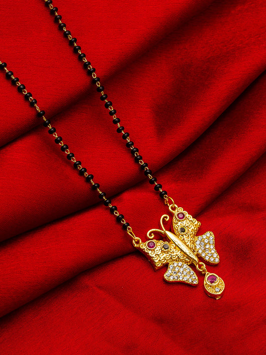 Aadita Gold-Toned Butterfly Pendant Mangalsutra with Multi-Stone and Black Beads Chain For Special Occasion