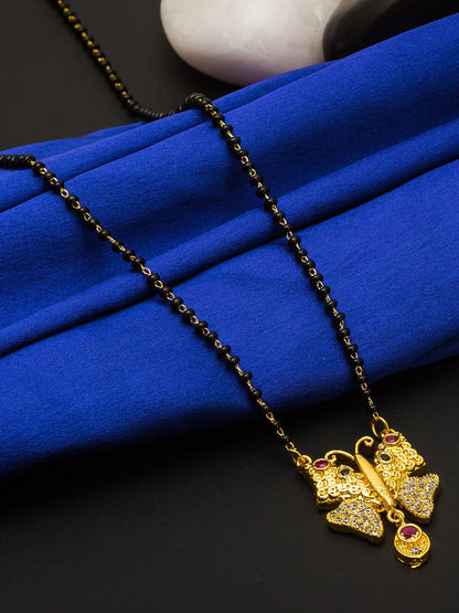 Aadita Gold-Toned Butterfly Pendant Mangalsutra with Multi-Stone and Black Beads Chain For Special Occasion