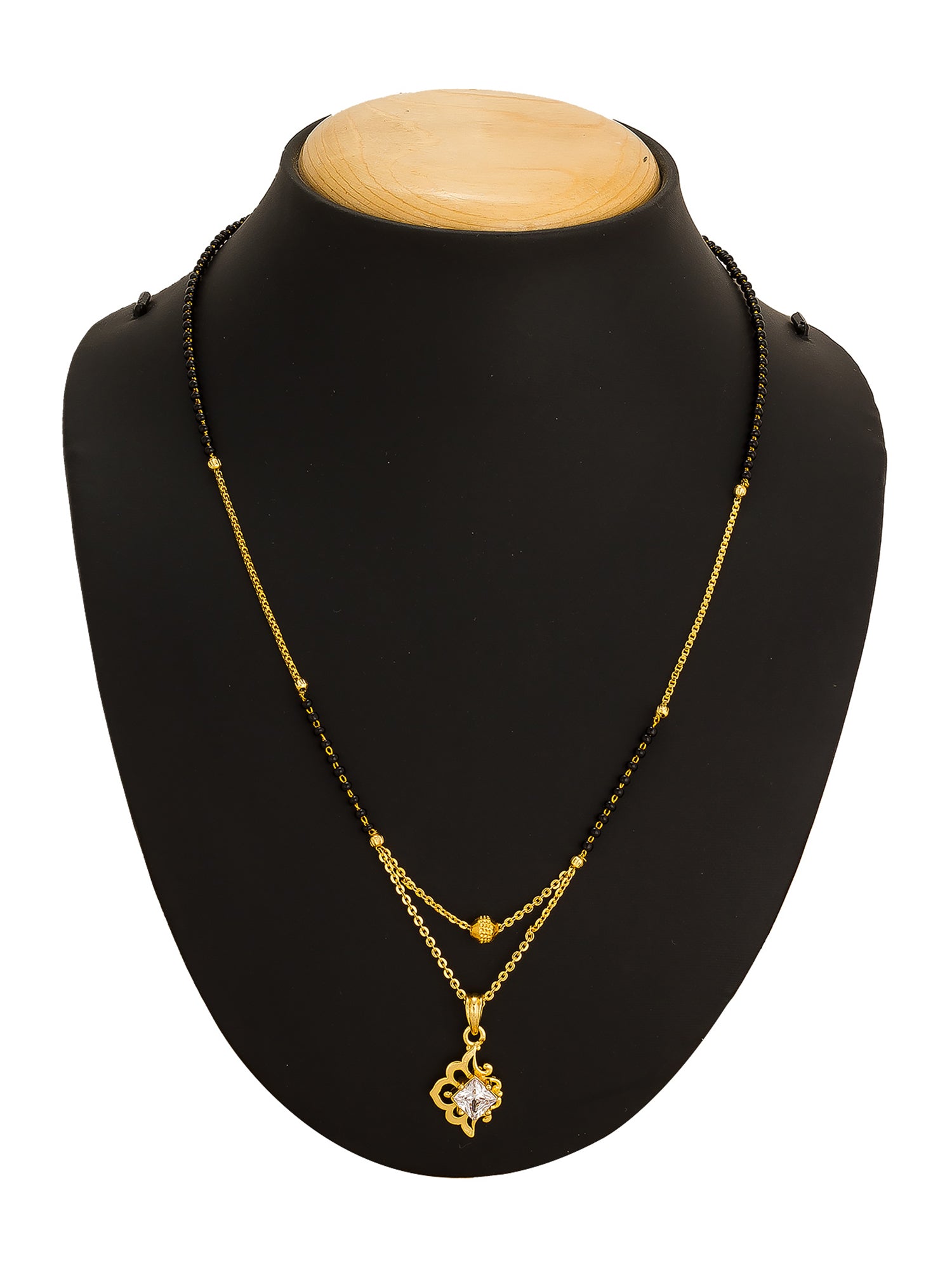 Aadita Gold-Toned Square Solitaire Mangalsutra with Filigree Scroll Pendant and Black Beads Dual Chain For Festive Wear