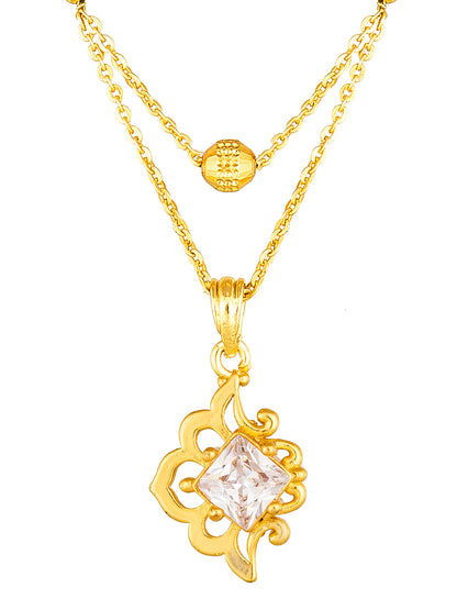Aadita Gold-Toned Square Solitaire Mangalsutra with Filigree Scroll Pendant and Black Beads Dual Chain For Festive Wear