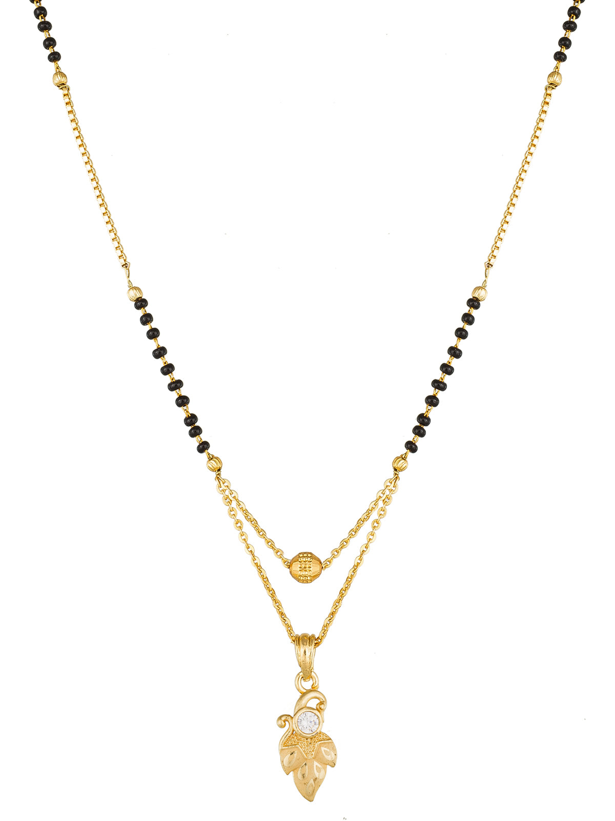 Aadita Daily Wear Gold-Toned Leaf and Scroll Mangalsutra with Single Stone Pendant and Black Beads Dual Chain