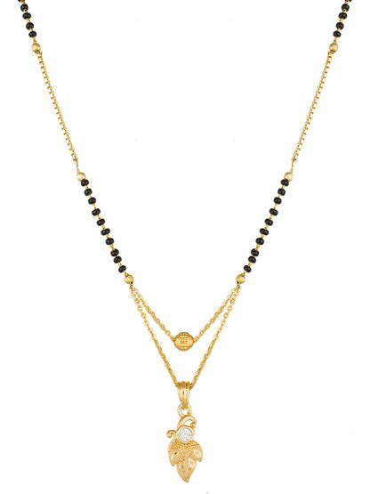 Aadita Daily Wear Gold-Toned Leaf and Scroll Mangalsutra with Single Stone Pendant and Black Beads Dual Chain