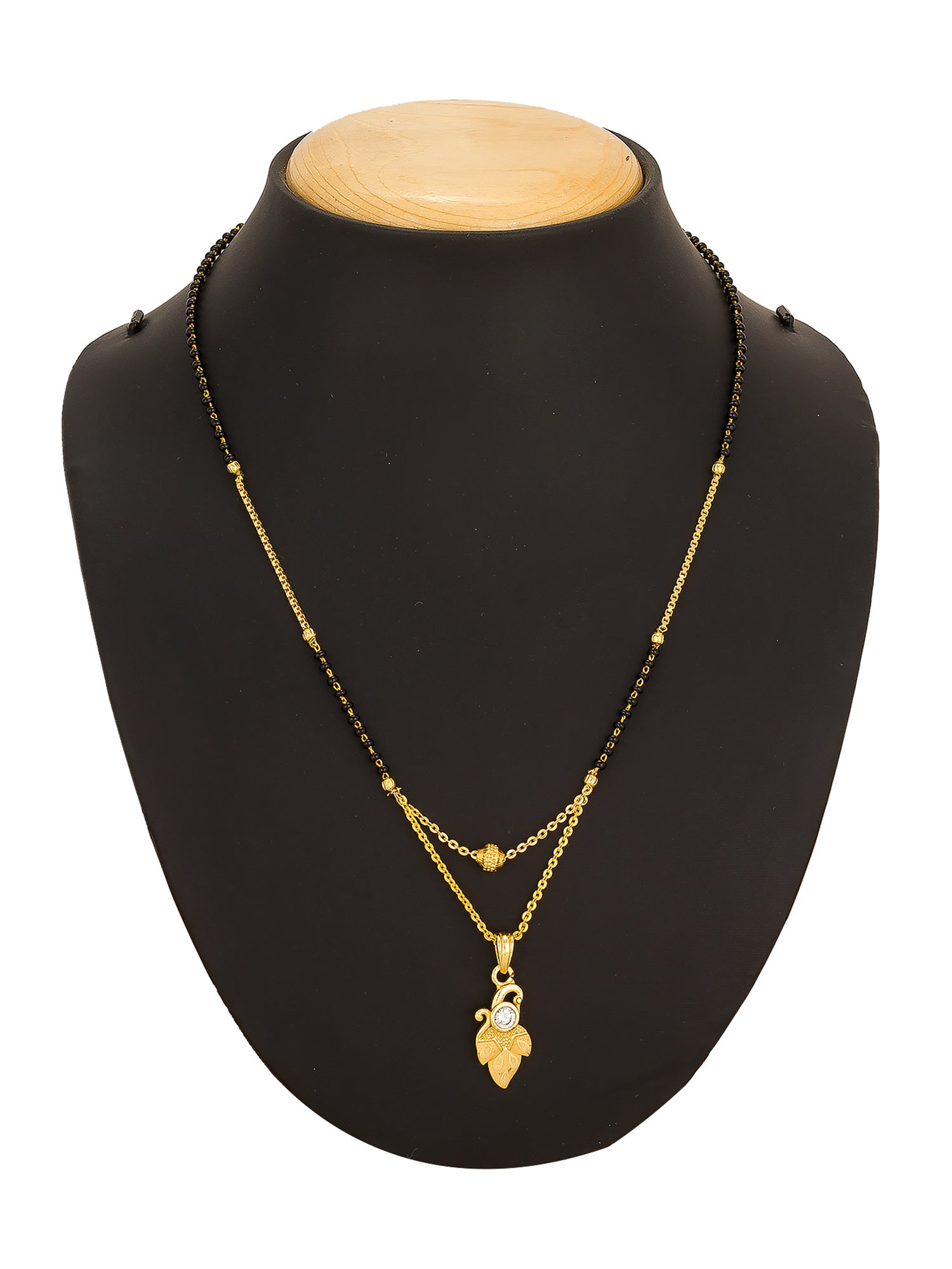 Aadita Daily Wear Gold-Toned Leaf and Scroll Mangalsutra with Single Stone Pendant and Black Beads Dual Chain