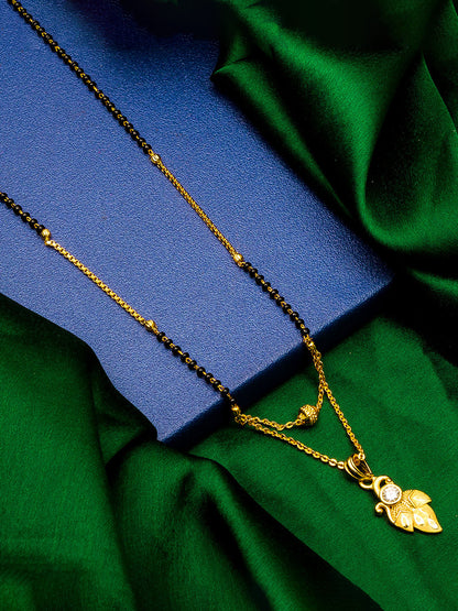 Aadita Daily Wear Gold-Toned Leaf and Scroll Mangalsutra with Single Stone Pendant and Black Beads Dual Chain
