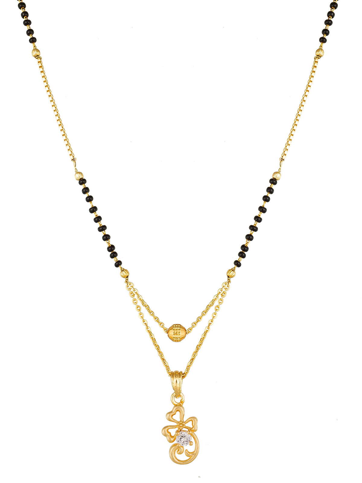 Aadita Gold-Toned Bow and Scroll Mangalsutra with Single Stone Pendant and Black Beads Chain