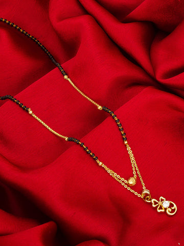 Aadita Gold-Toned Bow and Scroll Mangalsutra with Single Stone Pendant and Black Beads Chain