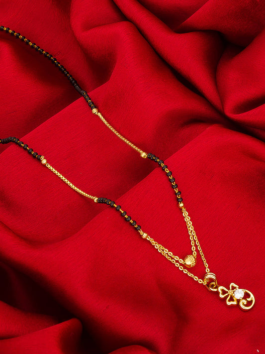 Aadita Gold-Toned Bow and Scroll Mangalsutra with Single Stone Pendant and Black Beads Chain