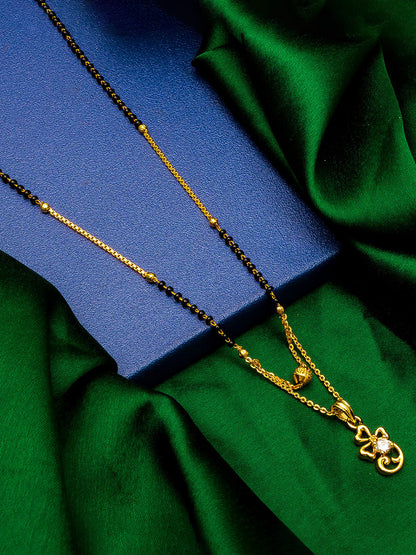 Aadita Gold-Toned Bow and Scroll Mangalsutra with Single Stone Pendant and Black Beads Chain