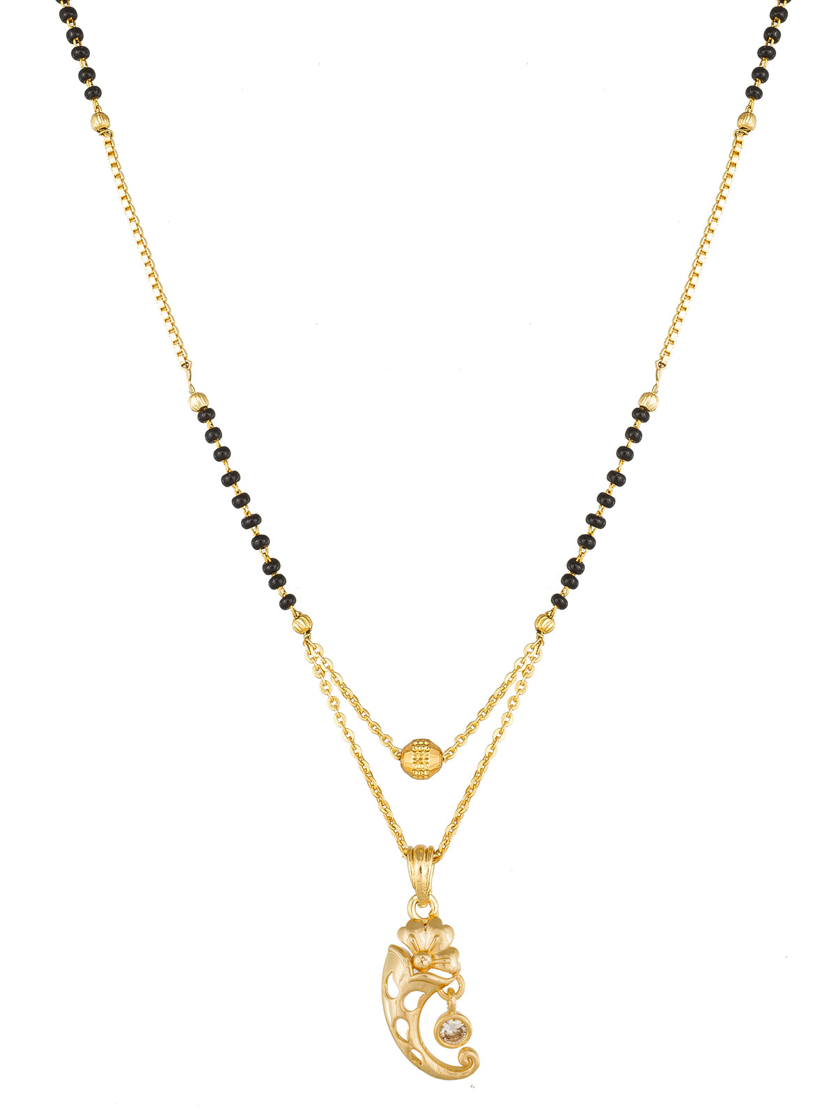 Aadita Gold-Toned Floral Mangalsutra with Black Beads and Stone Pendant for Daily Wear