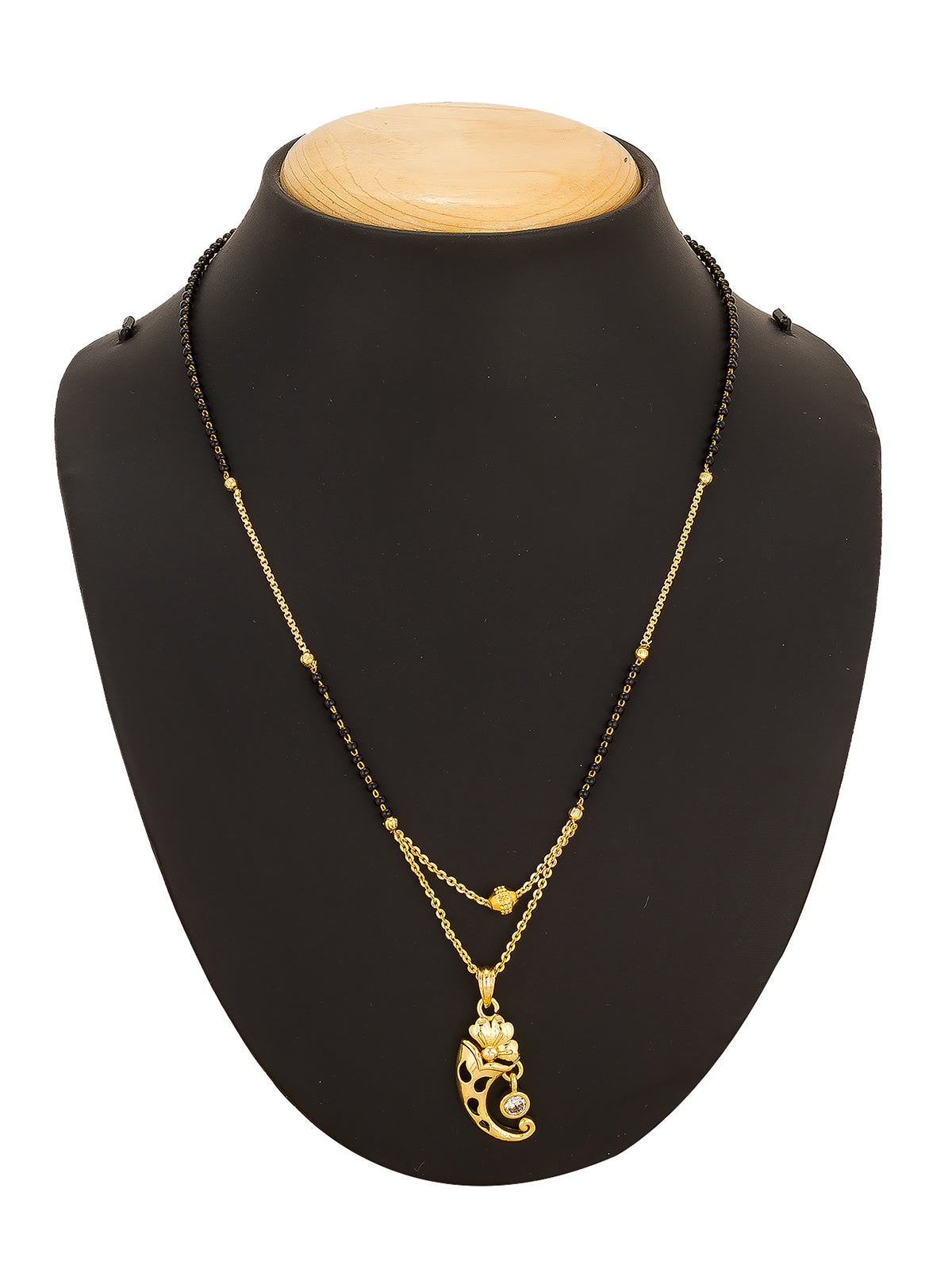 Aadita Gold-Toned Floral Mangalsutra with Black Beads and Stone Pendant for Daily Wear